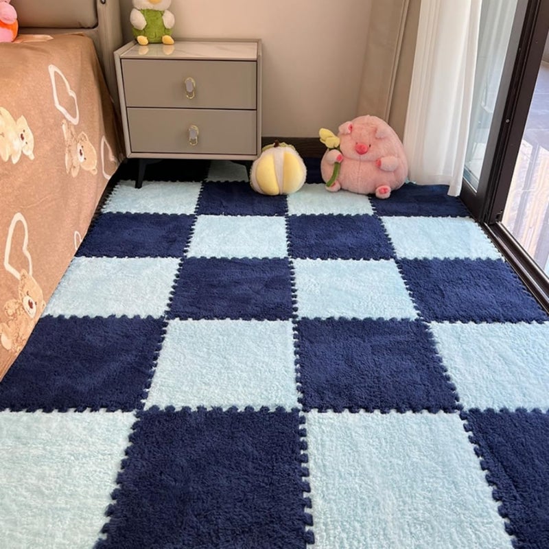 YISLEND 12Pcs Interlocking Carpet Tiles,12"x 12" Plush Interlocking Foam Carpet Tiles with Border,Fluffy Play Mat Floor Tiles Thick Padded Squares Foam Tiles for Playroom Decor (Light Blue+Navy) - Image 1